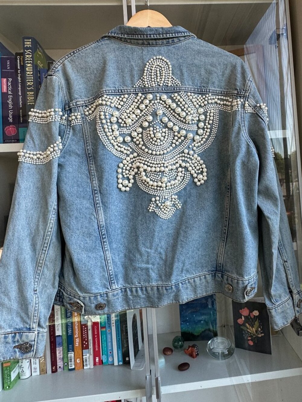 Sandro Pearl Embellished Oversized Distressed Denim Jean Jacket Size small - Picture 7 of 16
